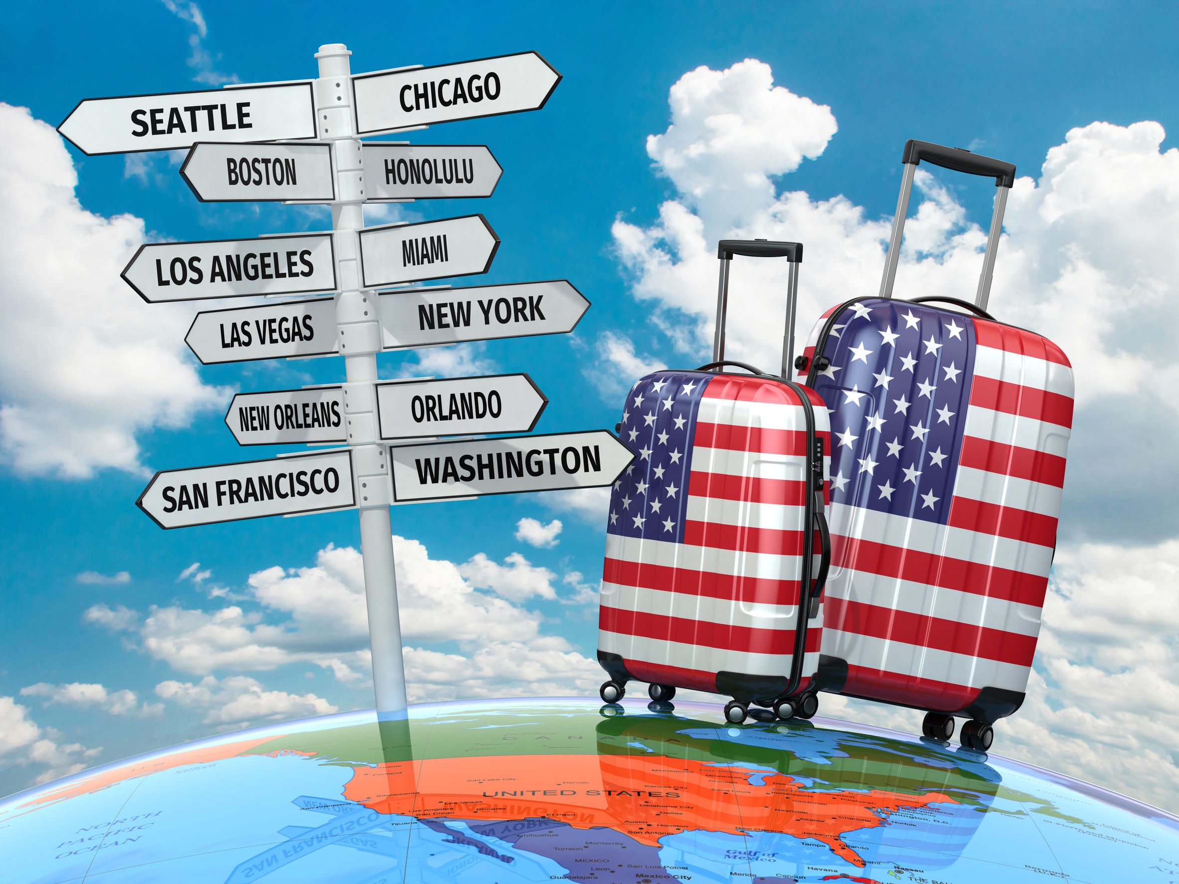 31430461 - travel concept. suitcases and signpost what to visit in usa. 3d